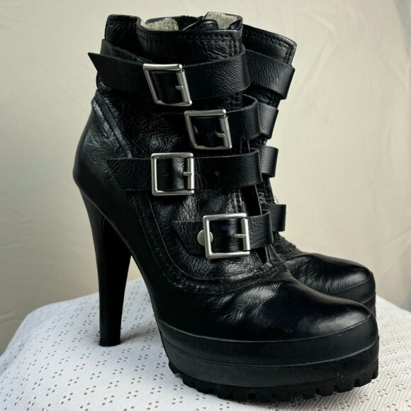 Steve Madden Size 8 Black Leather Ankle High Platform‎ Heel Boots - Picture 1 of 5